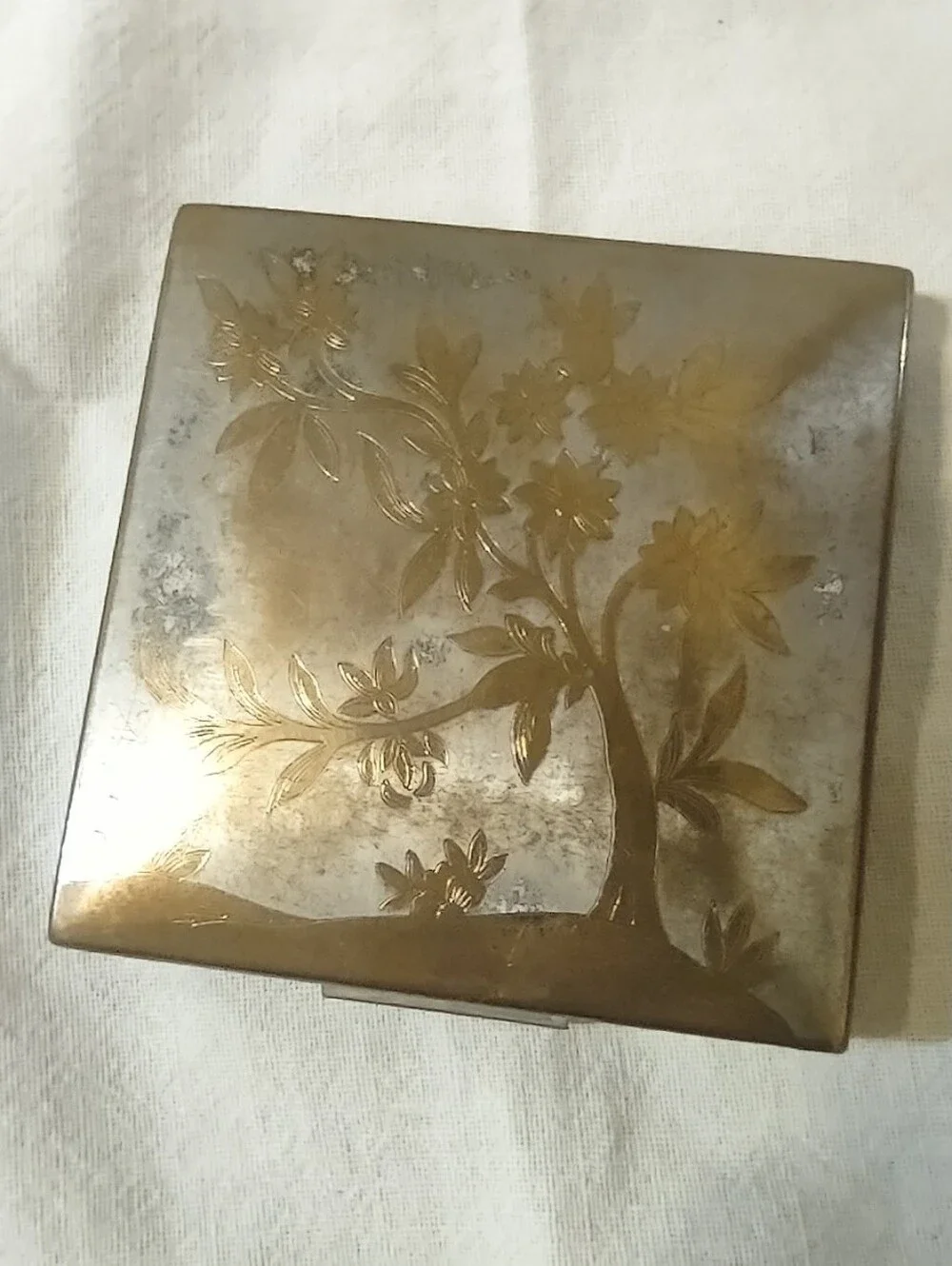 Vintage Gold And Silver Tree Design Powder Compact By Elgin American